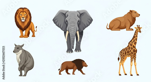 Photography Collection of Diverse Wild Animals in Cartoon Style.