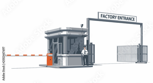 Factory Gate Security Checkpoint with Guard on Duty