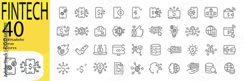Fintech icon set. Editable stroke.