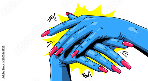 Close-up of vibrant blue manicured hands with pink nails interlocked, comic-style illustration with dynamic yellow burst background