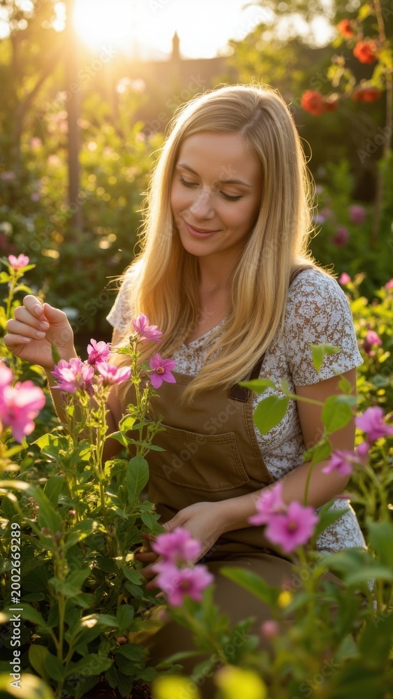 Fototapeta premium A woman tending pink flowers in a garden