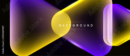 Abstract shapes overlap, creating vibrant yellow, purple gradients. Background text present. Minimalist design, modern aesthetic. Dark backdrop enhances color contrast.