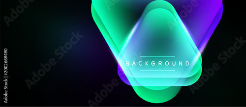 Abstract gradient shapes overlap, creating vibrant visual effect. Text background centered within design. Dark backdrop enhances color contrast.