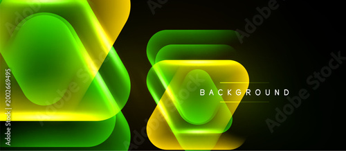 Abstract neon layers overlap, creating vibrant green, yellow glow. Dark background emphasizes luminous shapes, modern design element.