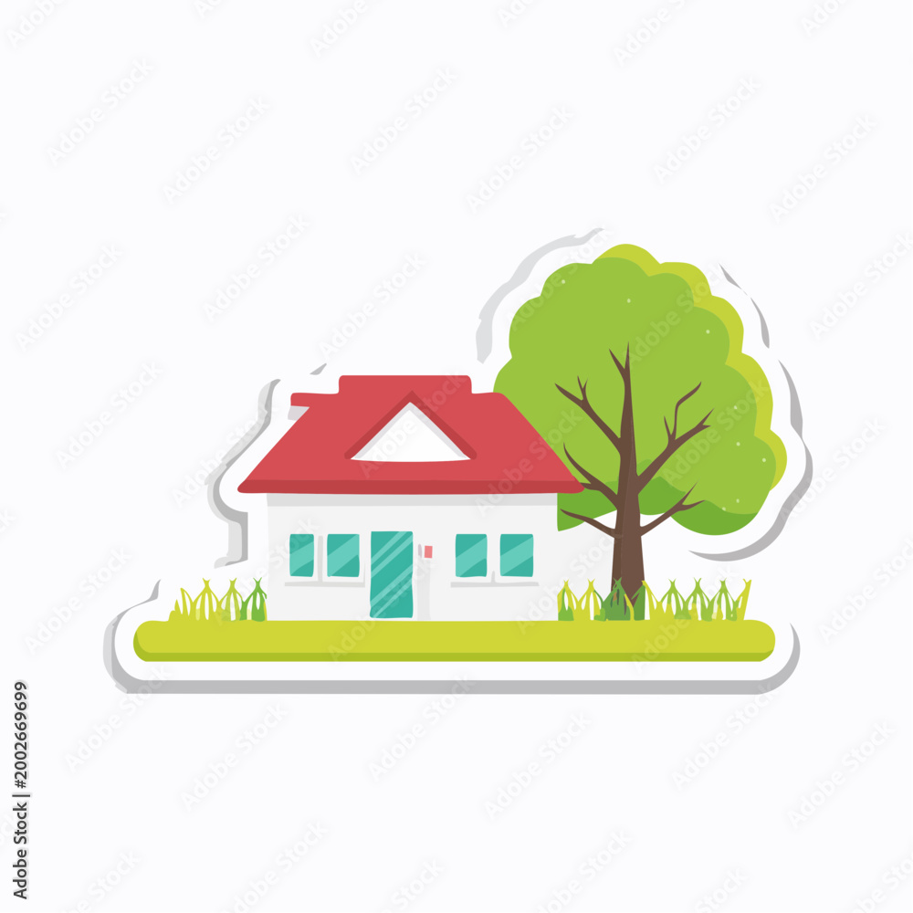 Fototapeta premium Simple House with Tree and Grass Illustration