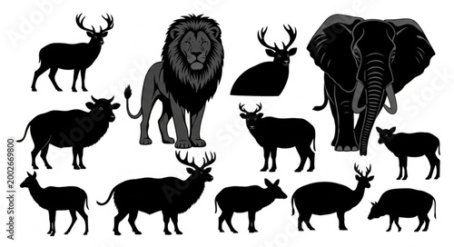 Collection of Silhouette Animals Including Lion Elephant Deer and Cow.