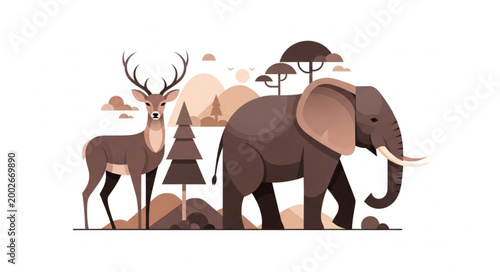 Bilde på lerret Elephant and Deer Standing Together in a Stylized Natural Environment