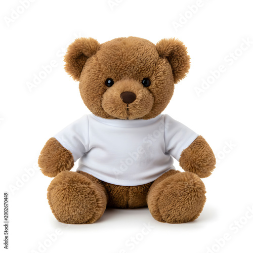 A brown teddy bear wearing a white shirt sitting on a white background