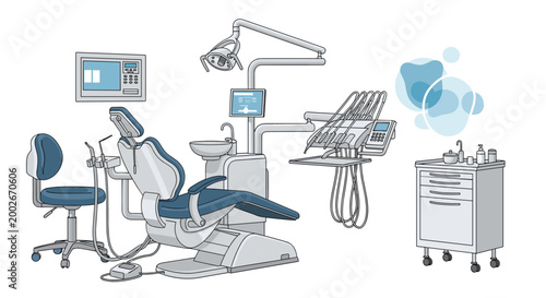 Detailed vector illustration of modern dental clinic equipment including patient chair, examination lights, and medical tools.