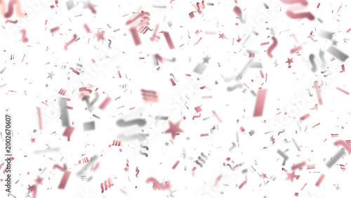 Rose gold confetti falling on white background, metallic pink party streamers and stars, festive celebration overlay for wedding and birthday