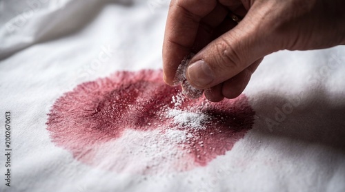 A hand sprinkling salt on a red wine stain on a white fabric, showcasing a common cleaning technique