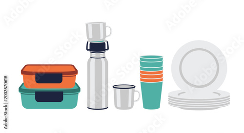 Set of reusable kitchenware including lunch boxes, thermos bottle, mugs, stackable cups, and ceramic plates for sustainable dining.