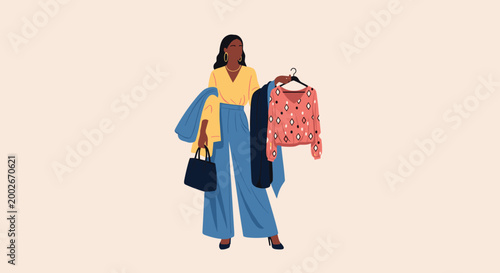 Stylish woman holding several garments on hangers and a handbag while choosing her outfit against a soft peach background.