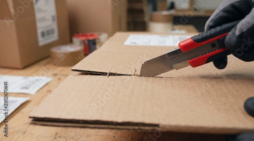 Close-up of a hand using a utility knife to cut cardboard on a wooden surface, with tape and packages in the background