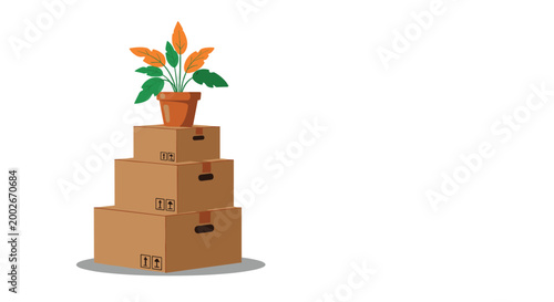 Three cardboard boxes of different sizes stacked with a potted plant on top representing relocation and home moving.