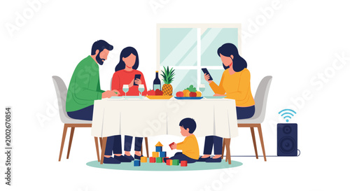 Family members using their mobile phones at the dinner table while a small child plays with toys on the floor below.