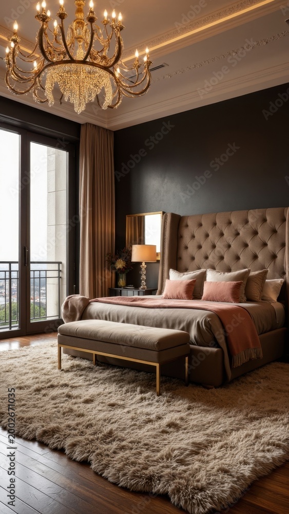 Fototapeta premium Bedroom in a luxurious hotel featuring a king-sized bed, velvet headboard, plush sofa, and modern furniture set against the backdrop of city views from the large windows.