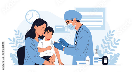 Pediatrician in a medical gown and mask giving a vaccination to a young boy held by his mother in a clinic setting.