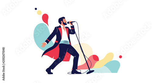 Expressive male singer performing with a microphone on a stage with colorful abstract shapes in the background.