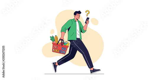 Man carrying a basket full of groceries while walking and looking confused at his smartphone screen with a question mark.