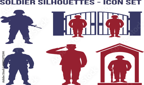 Soldier Silhouettes Icon Set, military personnel vector graphics, army security guard collection