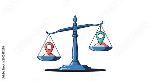 Classic balance scale with a red and a green location pin on each side representing a choice or comparison of places.