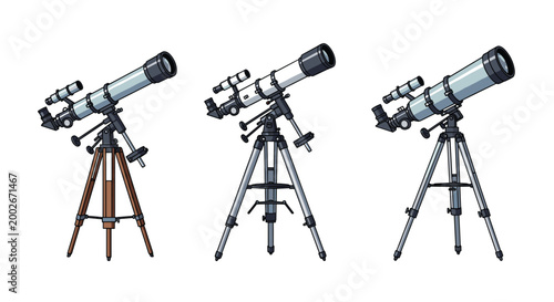 Set of three astronomical telescopes on tripods for stargazing and scientific space observation shown in a side view.