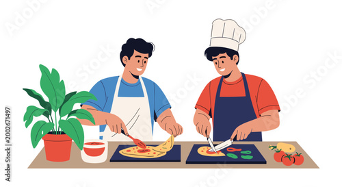 Two cheerful chefs in aprons working together in a kitchen preparing fresh pizza and vegetables for a meal illustration.