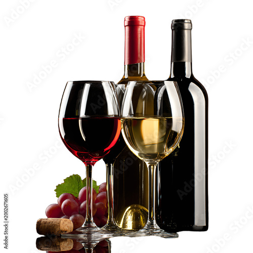 Elegant glasses and bottles displaying red and white wine on stylish black background
