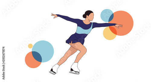 Graceful female figure skater performing a dynamic move on ice with abstract colorful circles in the background.