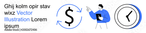 Business planning, time management, productivity, investment, financial growth, strategic planning. Person pointing at dollar symbol with arrows and clock graphic. Business planning and time