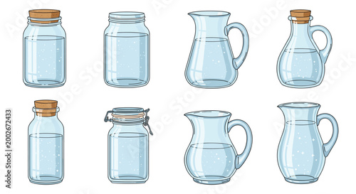 Collection of various glass jars, bottles, and pitchers filled with clear water shown in a clean and organized flat vector layout.