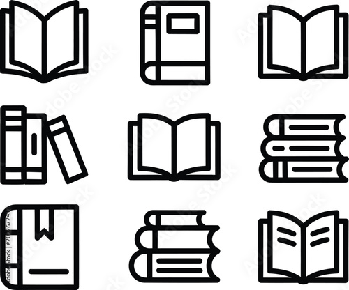 Collection of eight linear book icons for reading and study apps