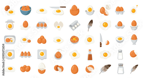 Comprehensive collection of eggs prepared in various ways including fried, boiled, in cartons, and shells shown in a systematic grid layout.