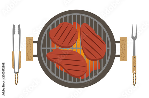 Vector illustration showing a top view of a round charcoal grill with three grilled beef steaks on a wire rack. Professional flat design includes metal tongs and a meat fork with wooden handles