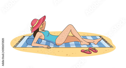 Relaxed woman in a blue swimsuit and pink sun hat sunbathing on a striped towel at the beach on a sunny day in flat vector style.