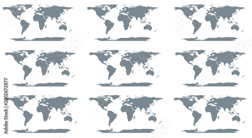 Nine identical grey world map silhouettes arranged in a three by three grid format on a clean white background for global concepts.