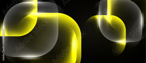 Abstract shapes overlap, creating luminous yellow, white gradients. Dark background emphasizes glowing curves, forms modern design element.