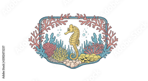 Seahorse illustration in aquatic habitat with coral and plants
