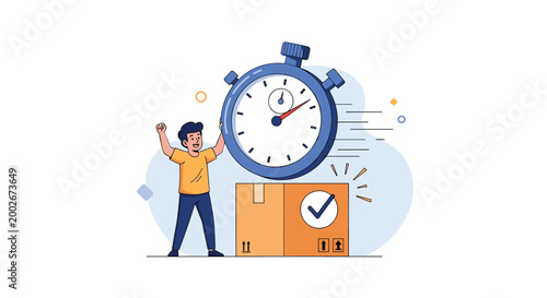 Happy delivery worker standing next to a large stopwatch and a cardboard box with a check mark representing quick and reliable service.