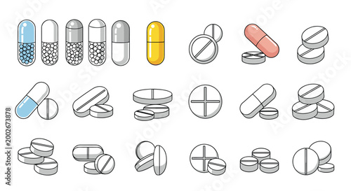 Comprehensive collection of various medical pills, capsules, and tablets shown in different shapes, colors, and arrangements for healthcare.