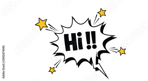 Pop art style speech bubble with greeting word hi and stars against white background in comic book illustration.