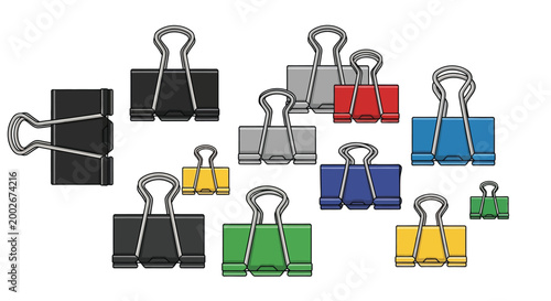 Black, yellow, and green binder clips on transparent background