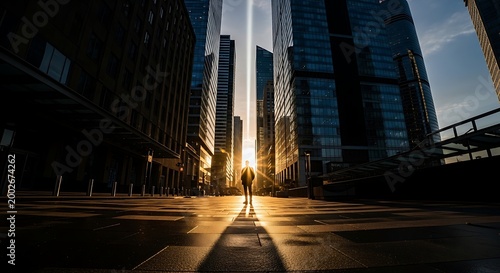 Silhouette of a man standing between towering modern skyscrapers at sunset.