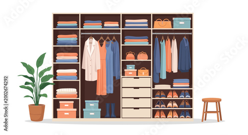 Interior view of a large organized wardrobe with clothes, shoes, and accessories neatly arranged in flat illustration.