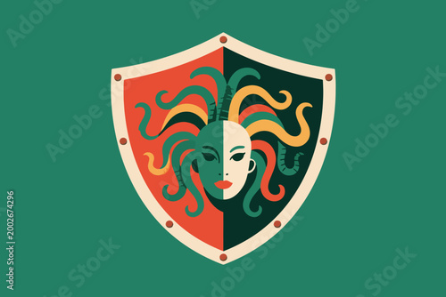 Vector Medusa Head In Shield Illustration Creative Design Template 