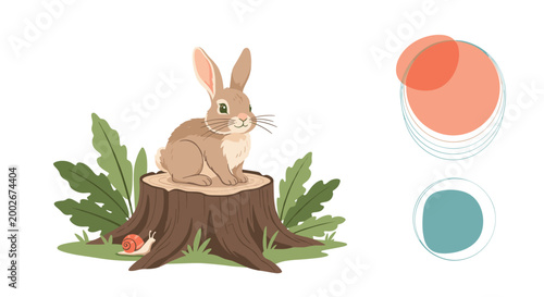 Cute brown rabbit sitting on a tree stump in a forest clearing with a snail nearby in flat illustration.