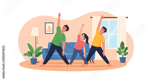 Happy family with father, mother, and daughter practicing yoga together in their living room in flat illustration.