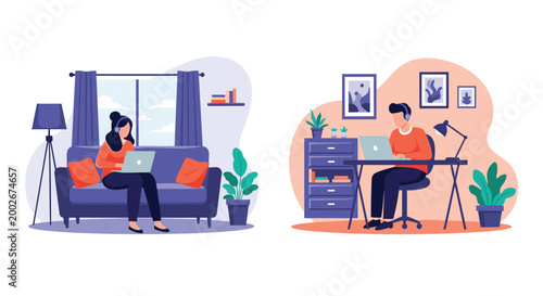Two separate scenes showing a man and a woman working on laptops in their well decorated home offices.