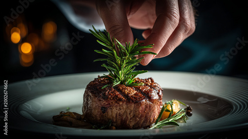 Professional chef garnishing a perfectly cooked beef steak with fresh rosemary sprig in, rosemary